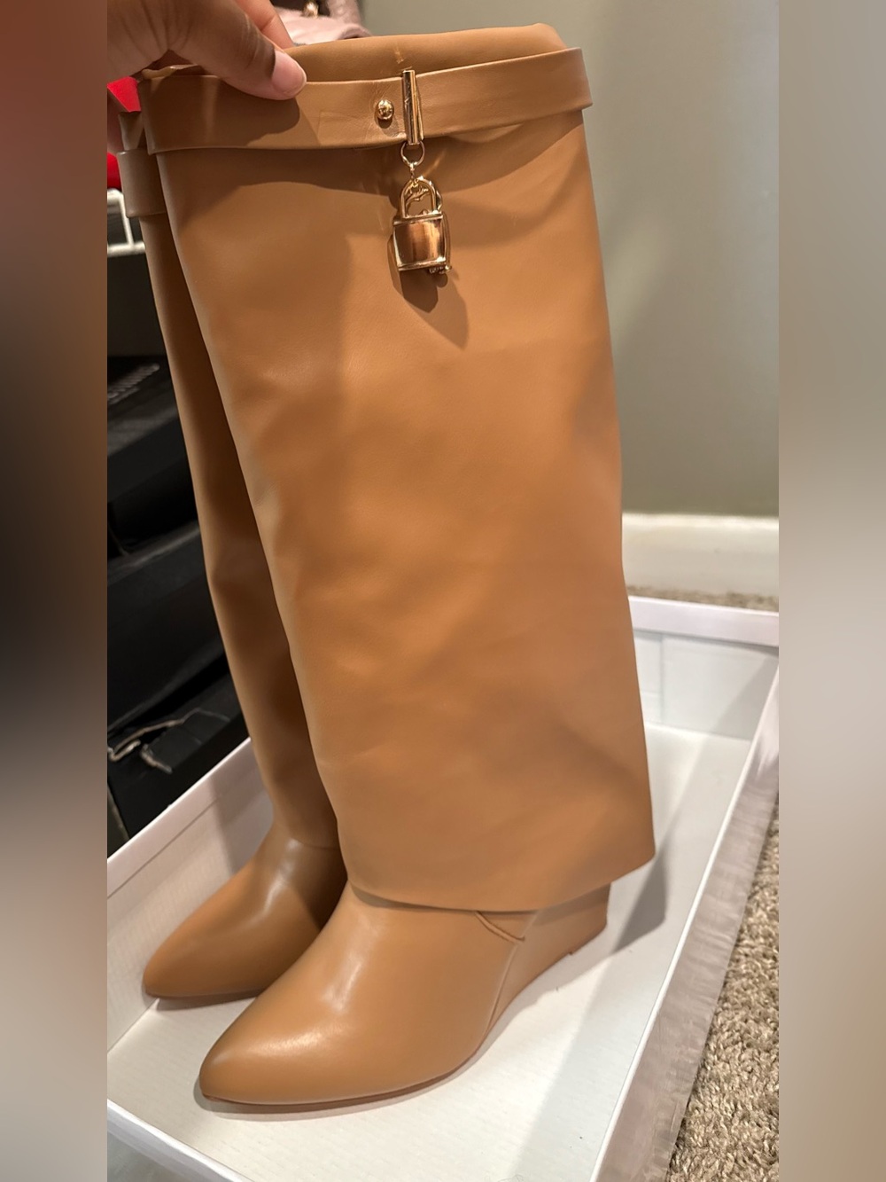 Caramel brown wedge lock boots
